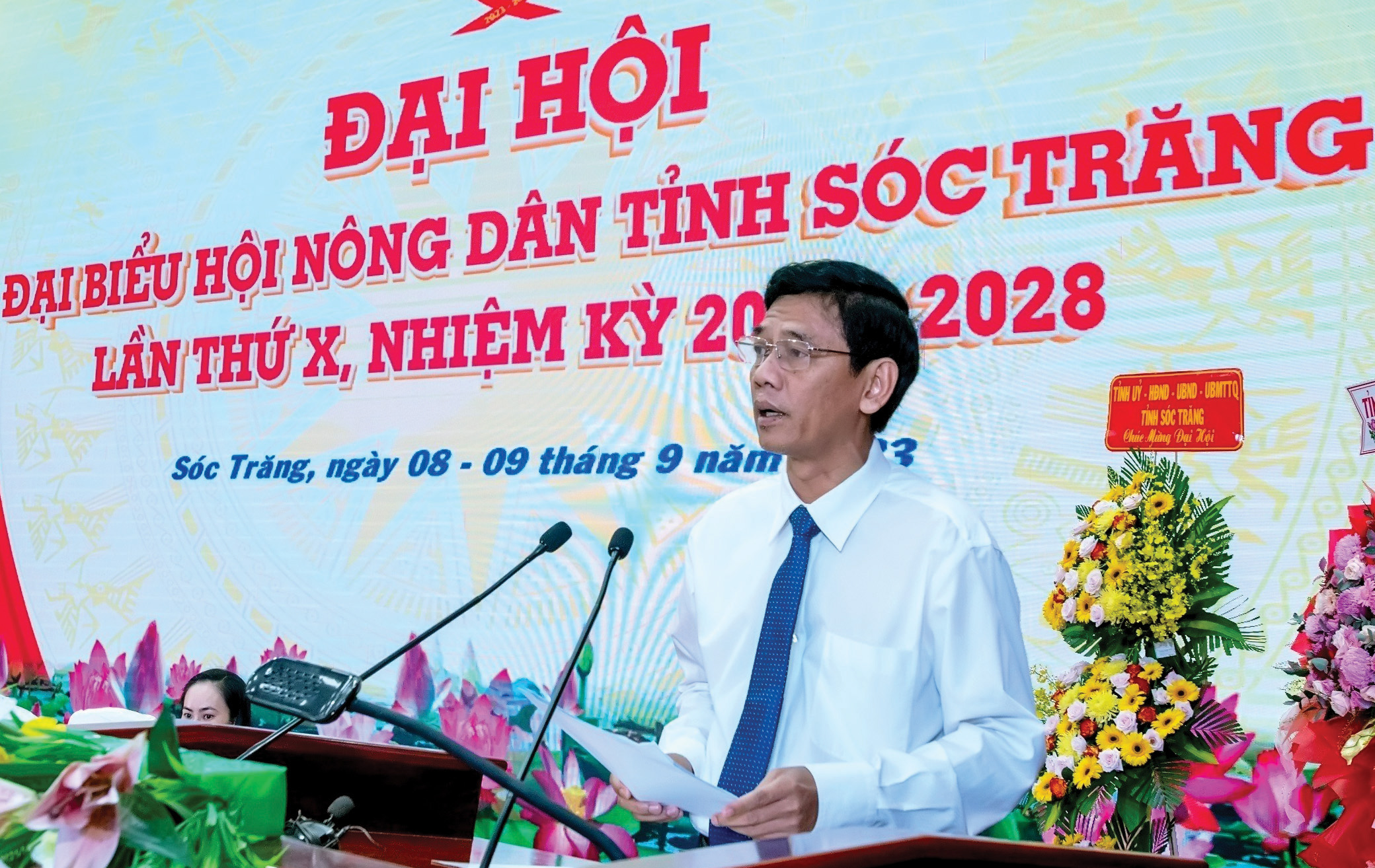 Đồng chí Lâm Văn Mẫn - Ủy viên Trung ương Đảng, Bí thư Tỉnh ủy Sóc Trăng phát biểu tại Đại hội đại biểu Hội Nông dân tỉnh Sóc Trăng lần thứ X, nhiệm kỳ 2023 - 2028.
